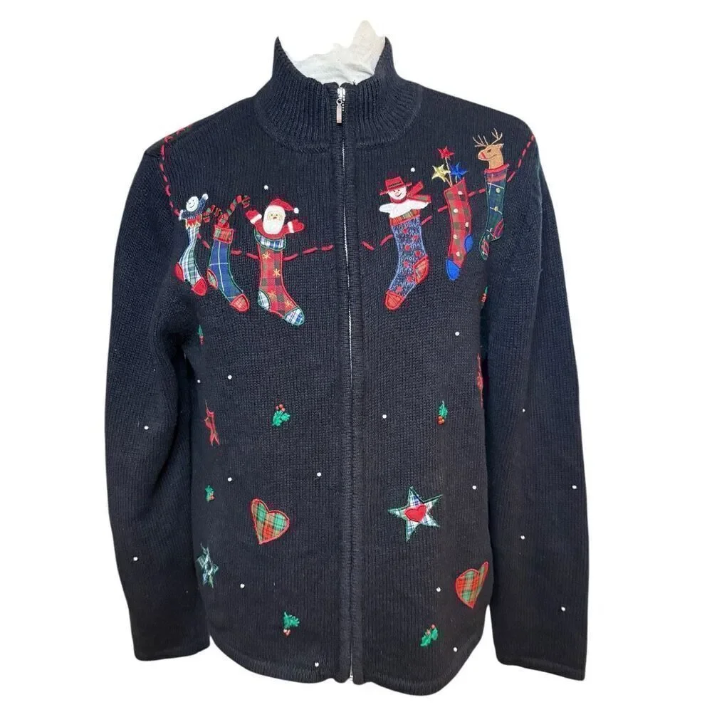 Pappagallo Christmas Cardigan Sz. M Full Zip High Collar Ugly Christmas Sweater